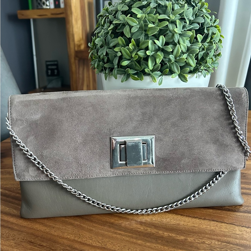 Browns Couture Elegant Gray Suede and Leather Chain Clutch